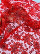 Metallic Floral Lace Fabric - Red - Hologram Sequins Floral Metallic Thread Fabric by Yard