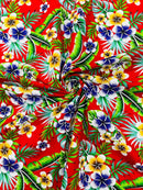 Hawaiian Floral Print Fabric - Red - 45" Plumeria Tropical Flower Cotton Fabric by Yard
