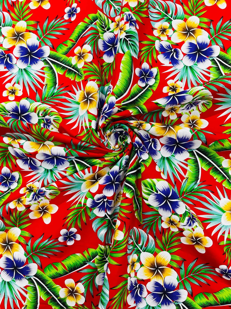 Hawaiian Floral Print Fabric - Red - 45" Plumeria Tropical Flower Cotton Fabric by Yard