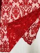 Beaded Butterfly Pattern Fabric - Red - Damask Fancy Bead Sequins Fabric Sold by Yard