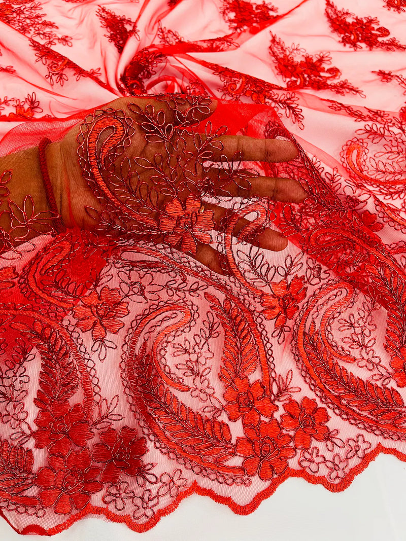 Metallic Paisley Floral Lace - Red - Corded Floral Lace with Metallic Thread on Mesh By Yard