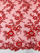 Floral Two Tone Lace Fabric - Red - Sequins Embroidery Floral Lace Fabric Sold By Yard