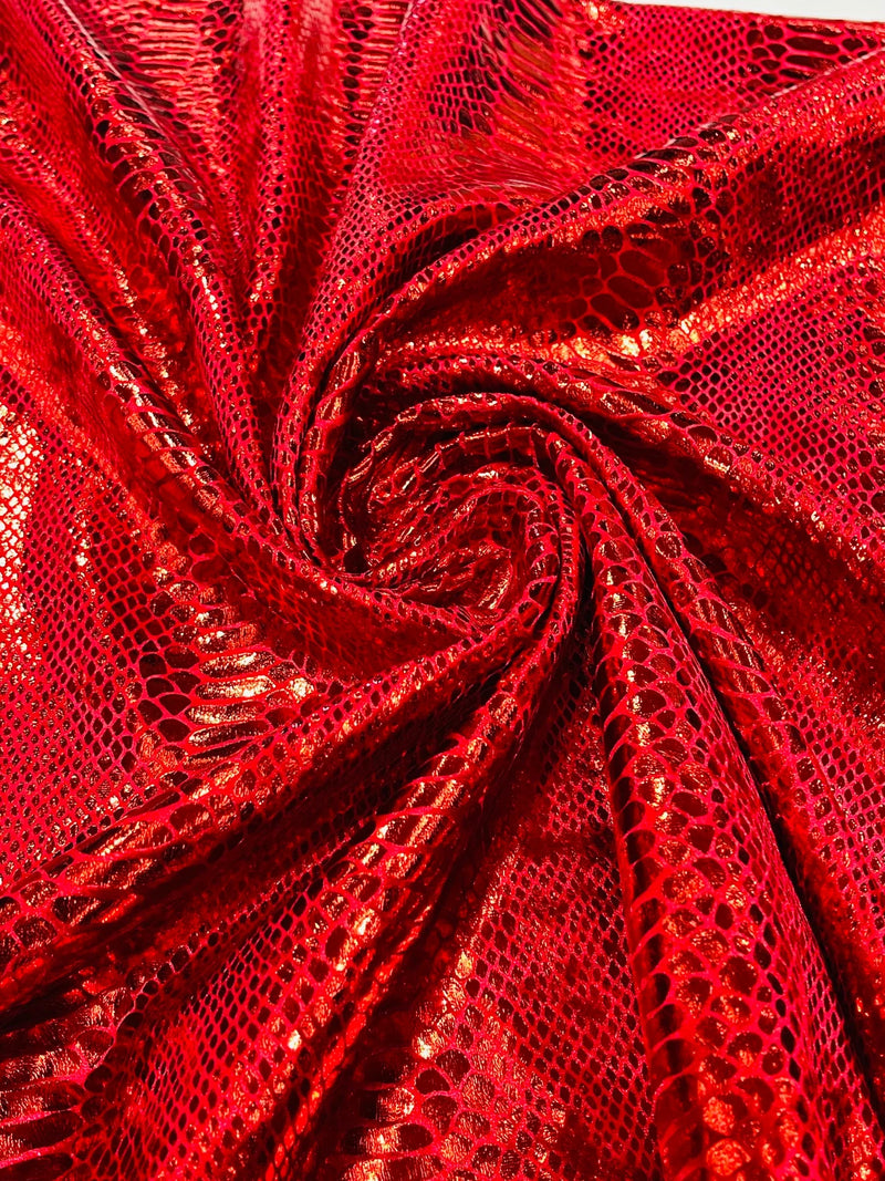 Anaconda Foil Velvet - Red - Shiny Foil Velvet Anaconda Snake Print Fabric Sold By The Yard