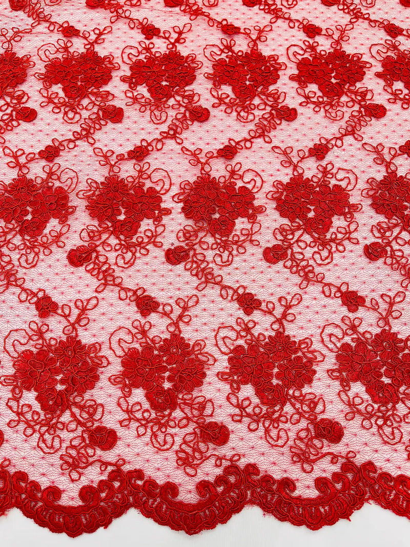 Jasmine Flower Fabric - Red - Embroidered Floral Design Lace Mesh Bridal Fabric By Yard