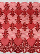 King Damask Lace Fabric - Red - Corded Embroidery with Sequins on Mesh Lace Fabric By Yard