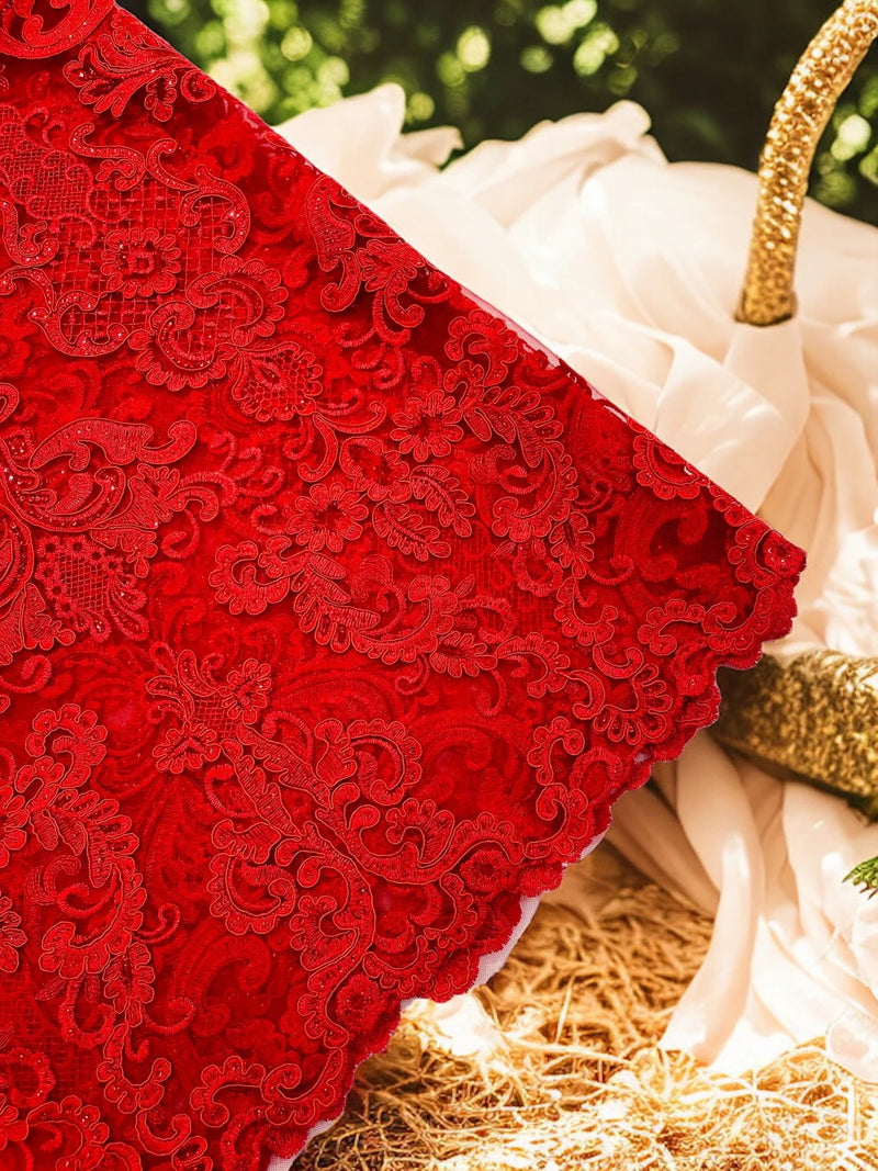 King Lace Design Fabric - Red - King Design with Sequins Embroidered On Mesh By Yard