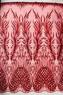 Beaded Embroidered Fabric - Red - Embroidered Heart and Feather Pattern Fabric Sold By Yard