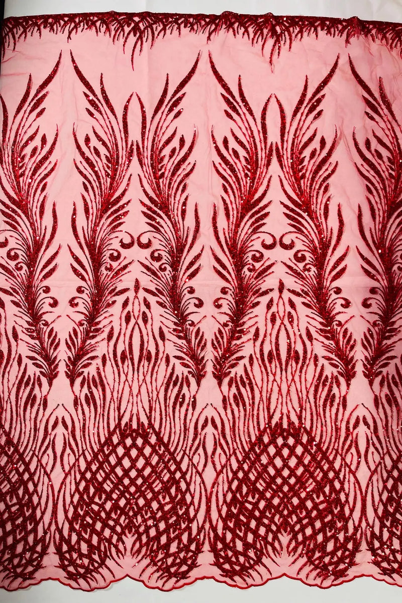 Beaded Embroidered Fabric - Red - Embroidered Heart and Feather Pattern Fabric Sold By Yard