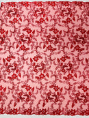 Flower Metallic Lace Fabric - Red - Corded Floral Sequins Design Fabric Embroidered on Lace by Yard