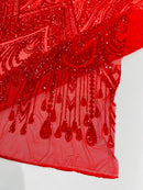Zig Zag Tear Drop Sequins - Red - Embroidered Zig Zag Sequins 4 Way Stretch By Yard
