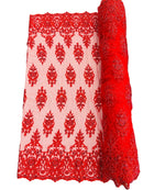 Embroidered Bead Fabric - Red - Floral Damask Bead Bridal Lace Fabric by the yard