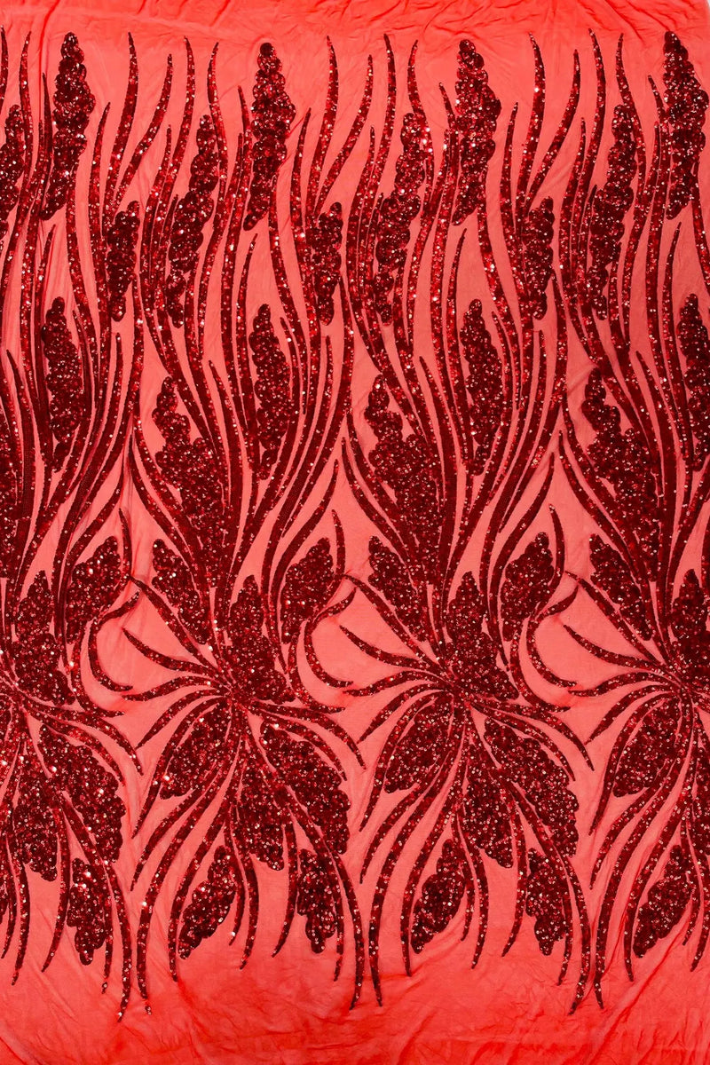 Wavy Leaf Design Fabric - Red - 4 Way Stretch Sequins Lace Mesh Leaf Design Fabric by Yard