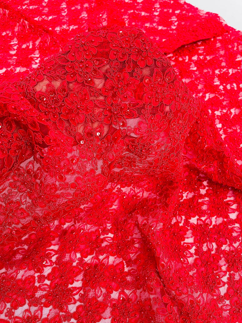 Pearls and Sequins Floral Fabric - Red - Embroidered Beaded Sequins Fabric Lace By Yard
