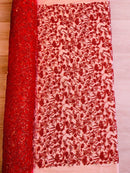 Floral Plant Bead Design - Red - Beaded Flower Plants Embroidered  Sequins Fabric By Yard