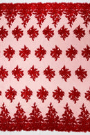Flower 3D Corded Fabric - Red - Lace Mesh Fabric Embroidered Floral Design by Yard