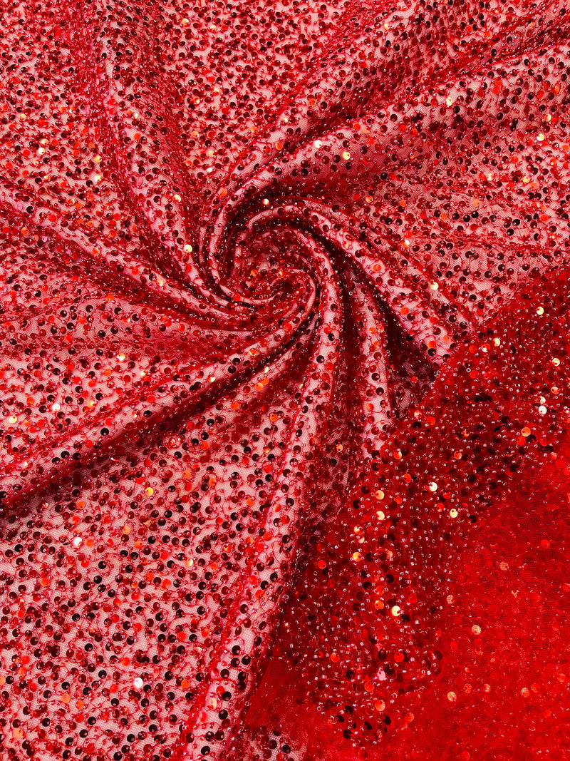 Beaded Sequins Pearl Fabric - Red - Embroidered Pearl Beads and Sequins on Lace By Yard