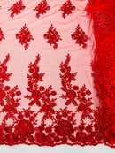 Rose Beaded Sequin Fabric - Red - Embroidered Floral Pattern with Beads and Sequins By Yard