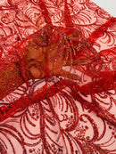 Palm Leaf Design Glitter Fabric - Red - Tulle Glitter Mesh Line Design Fabric Sold By Yard