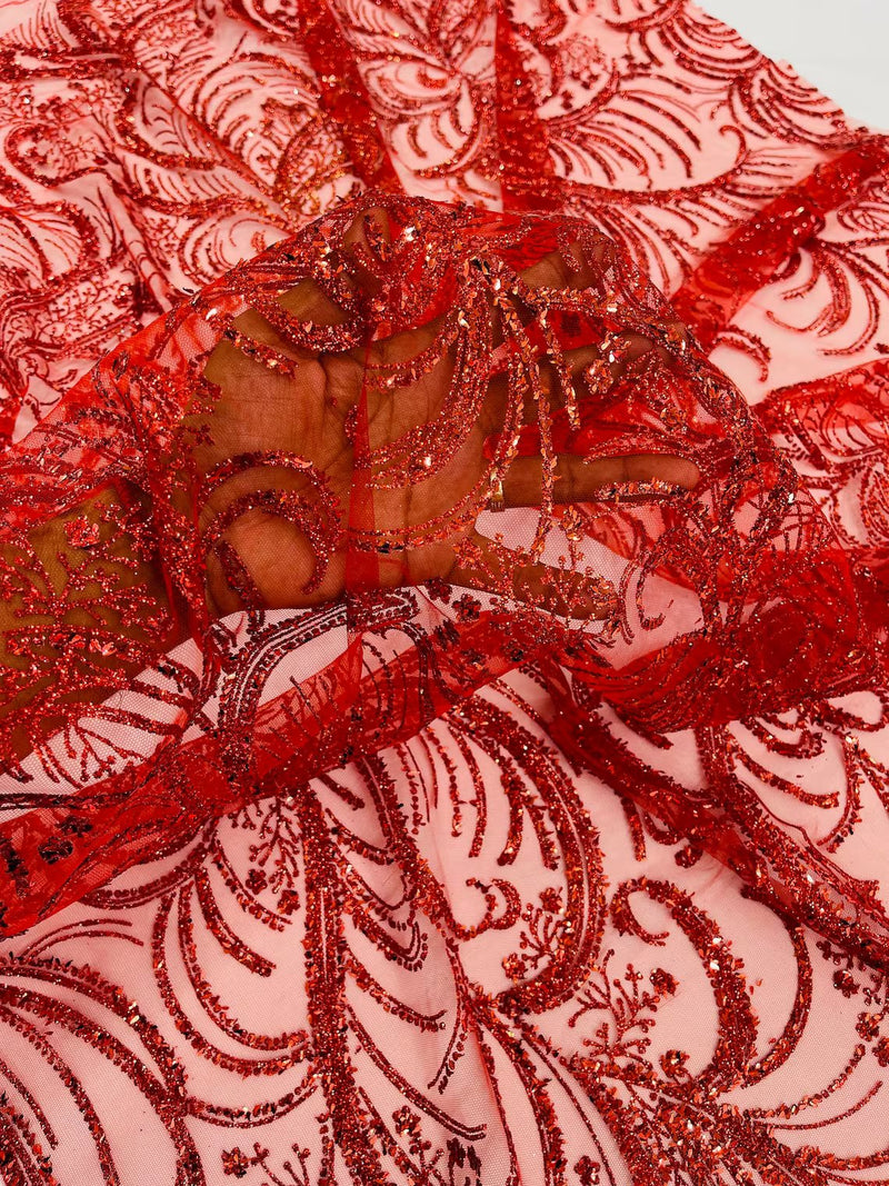 Palm Leaf Design Glitter Fabric - Red - Tulle Glitter Mesh Line Design Fabric Sold By Yard