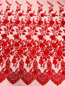 3D Scalloped Floral Fabric - Red - Embroidered Floral Design on Lace Sold By Yard