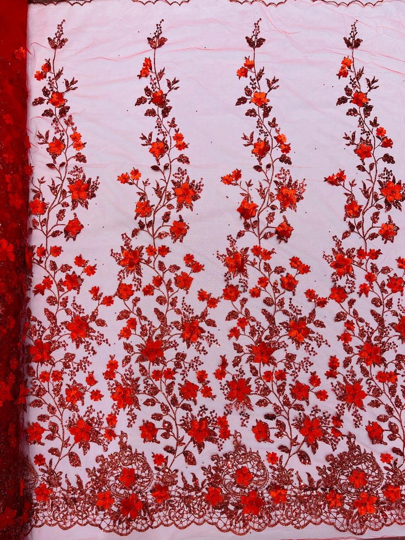 3D Glitter Floral Fabric - Red - Glitter Sequin Flower Design on Lace Mesh Fabric by Yard