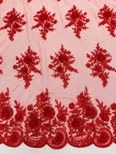 3D Floral Valentina Lace Fabric - Red  - Sequins and Beads on Flower Design Fabric By Yard