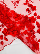 Floral 3D Pearl Fabric - Red - Embroidered Double Border Flower Design Pearl Fabric By Yard