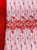 3D Glitter Floral Fabric - Red - Floral Line Glitter Designs on Mesh Fabric Sold By Yard