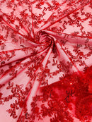 Sequin Lace Floral Fabric - Red - Flower Embroidered Sequins Lace Fabric Sold By Yard