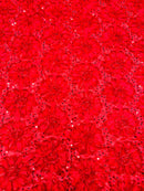 Sequins Satin Rosette Fabric - Red - 3D Satin Rose Sequins Floral Fabric Sold By The Yard