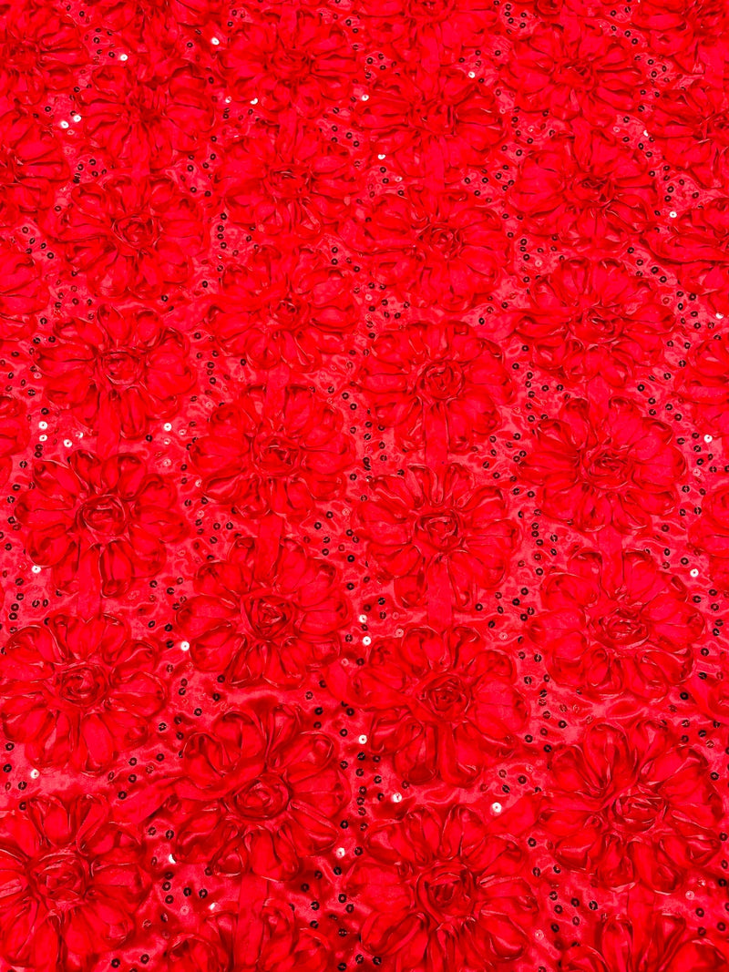 Sequins Satin Rosette Fabric - Red - 3D Satin Rose Sequins Floral Fabric Sold By The Yard