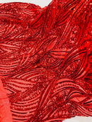 Curvy Design Sequins Fabric - Red - 4 Way Stretch Curvy Sequins Design Mesh Fabric by Yard