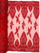 Beaded Floral Fabric - Red - Luxury Bridal Floral Pattern Fabric With Beads, Sequins Sold By Yard