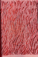 Wavy Leaf Lines Fabric - Red - Beaded Sequins Leaf Pattern Embroidered On Mesh By Yard