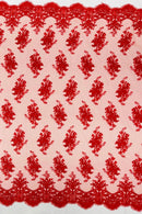 Damask Flower Lace Fabric - Red - Damask Flowers Embroidered on Lace Fabric By Yard