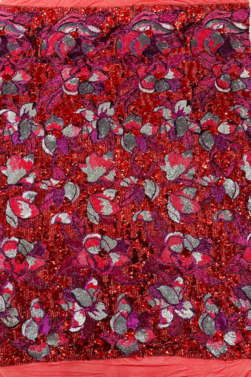 Orchid Flower Sequins Design - Red - Embroidered 4 Way Stretch Full Of Sequins Fabric Sold By Yard