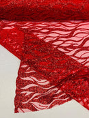 Flaming Fire Design Bead Fabric - Red - Beaded Embroidered Fabric By Yard