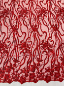 Flower Lines Bead Fabric - Red - Beaded Flower Fabric with Curled Long Lines Pattern By Yard