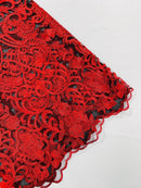 Damask Fancy Design - Red - Embroidered Black Mesh Damask Design Lace Fabric Sold by Yard