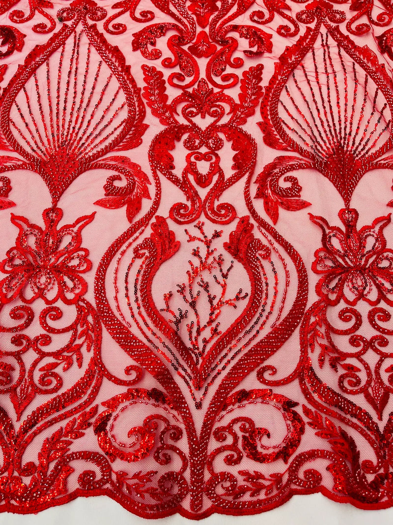 Leaf Damask Bead Fabric - Red  - Embroidered Sequins Heavy Beaded Lace Fabric by Yard