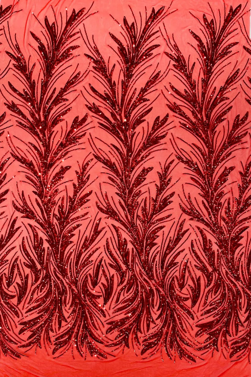 Leaf Stretch Sequins Fabric - Red - 4 Way Stretch Sequins on Lace Mesh Fabric by Yard