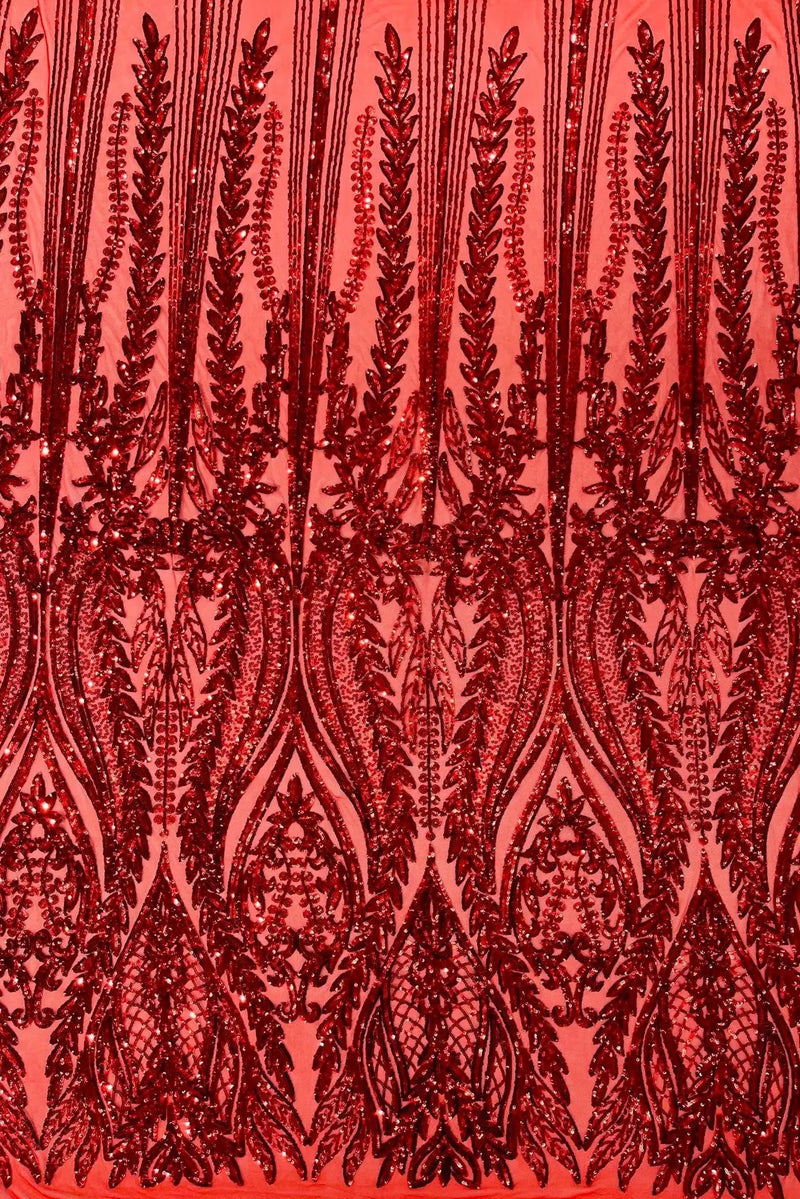 Mermaid Design Fabric - Red - 4 Way Stretch Sequins Fabric on Lace Mesh Sold By Yard