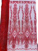 Beaded Line Fabric -  Red - Luxury Bridal Line Pattern Fabric With Beads, Sequins Sold By Yard
