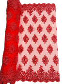 Heavy Bridal Lace Fabric - Red - Floral Beaded Heavy Lace Fabric Sold by Yard