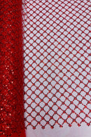 Diamond Net Bead Fabric - Red - Geometric Embroidery Beaded Sequins Fabric Sold By The Yard