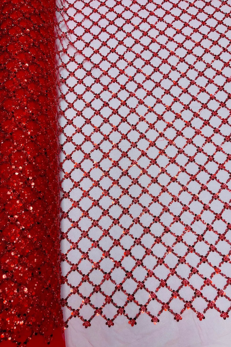 Diamond Net Bead Fabric - Red - Geometric Embroidery Beaded Sequins Fabric Sold By The Yard