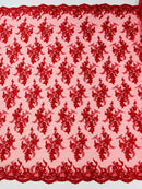 Beaded Sequins Floral Fabric - Red - Embroidered Beaded Floral Clusters Sequins Fabric By Yard