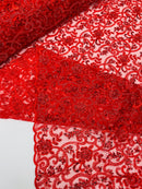 Embroidery Beaded Fabric - Red - Beaded Floral Bridal Embroidery Fabric Sold by the yard
