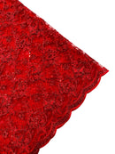 Metallic Floral Butterfly Fabric - Red - Embroidered Floral Butterfly Design Mesh Fabric by Yard