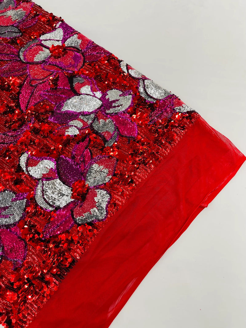 Orchid Flower Sequins Design - Red - Embroidered 4 Way Stretch Full Of Sequins Fabric Sold By Yard
